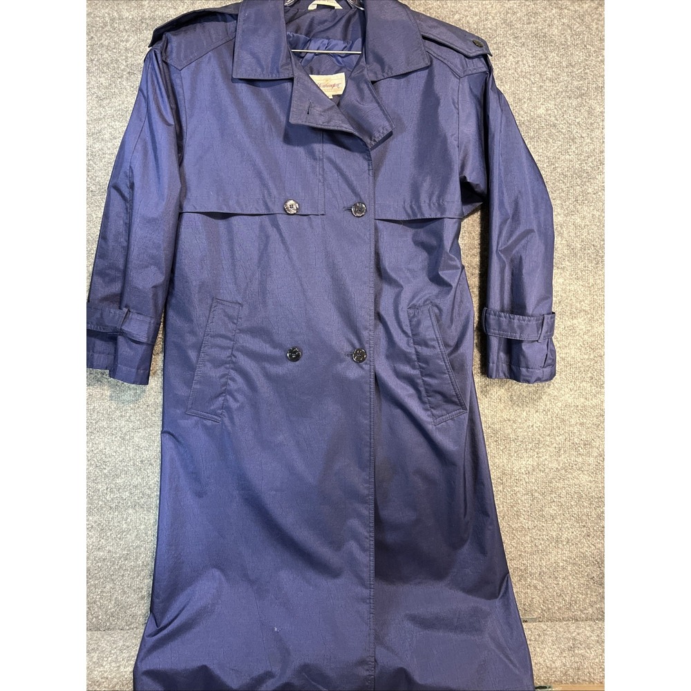 VTG 80s 90s Worthington Petite Navy Blue Long Trench Coat Rain Mac Jacket 8P